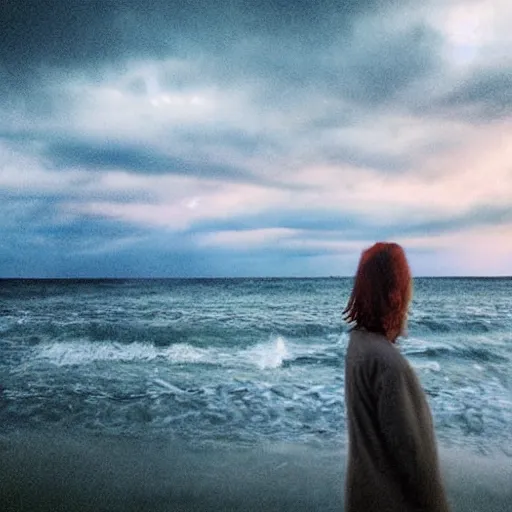 Image similar to young adult's head evaporizing, standing sideways in front of a rough sea, trippy sky