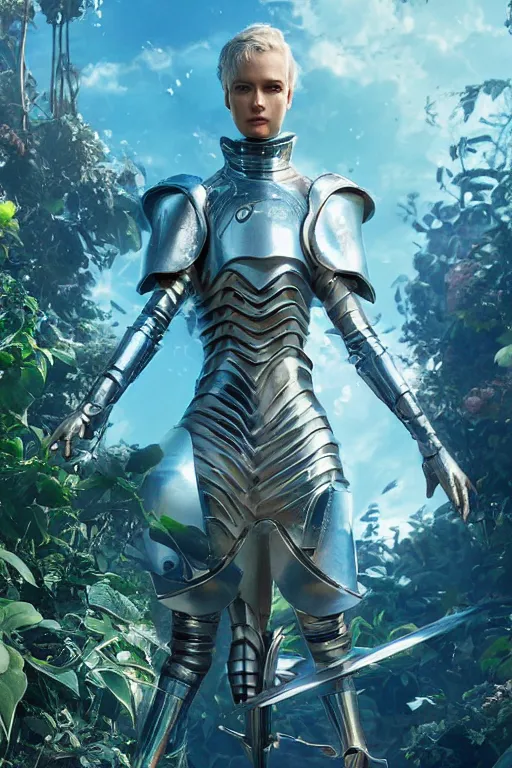 Prompt: Portrait | female knight errant in a high tech botanical world with blue skies | style by greg rutkowski, vincent callebaut, dramatic light | high detail | cinematic lighting | pristine metals, glass, plants | solarpunk |