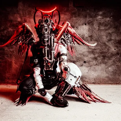 Image similar to mechanical steampunk cyborg devil red skin satan horns with white! angel wings flames and fire photography by david yarrow concept art greg rutkowski