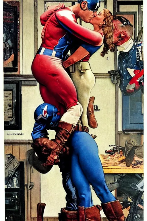 Image similar to norman rockwell painting of captain america romantically kissing captain america