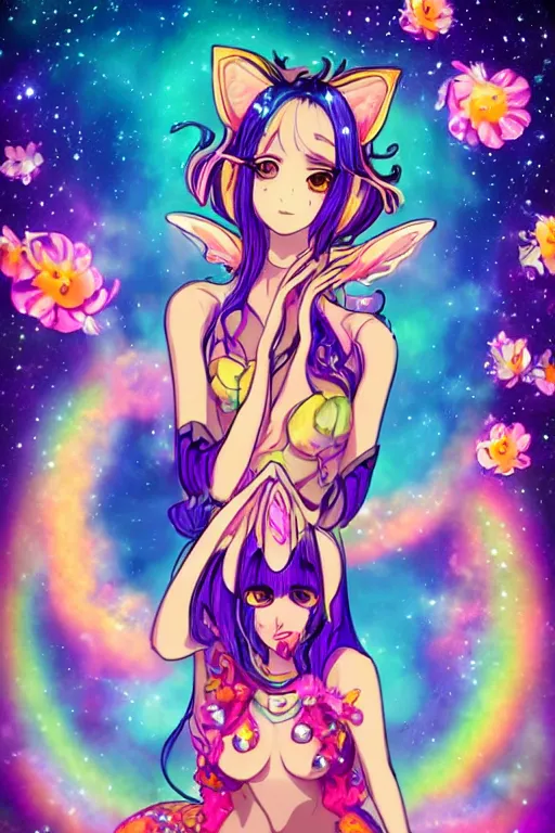 Image similar to psychedelic, whimsical, anime, 4k, beautiful seductive woman with fox ears smoking weed, with professional makeup, long trippy hair, a crystal and flower dress, sitting on a reflective pool, surrounded by gems, underneath the stars, rainbow fireflies, trending on patreon, deviantart, twitter, artstation, volumetric lighting, heavy contrast, art style of Greg Rutkowski and Victoria gavrilenko and Ross Tran