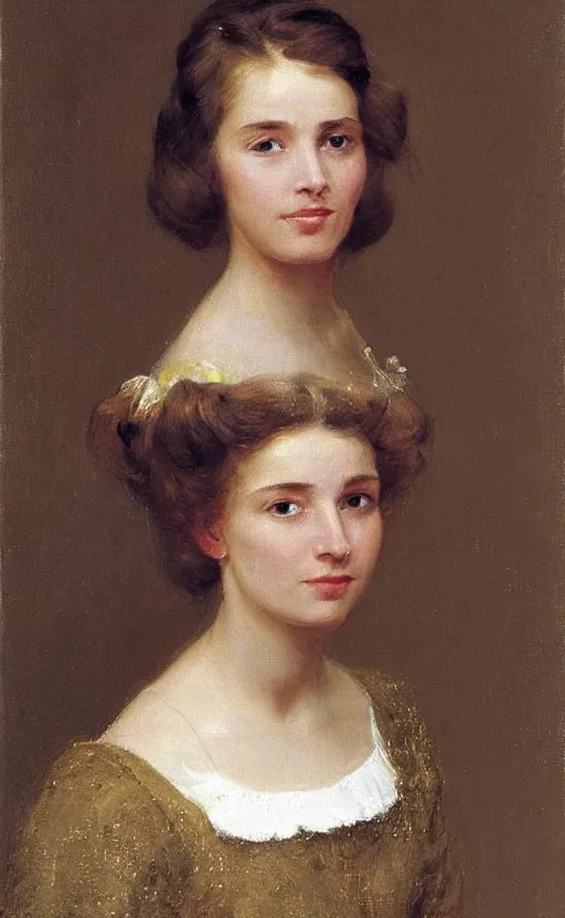 Image similar to portrait by eugen von blaas!!! of a woman!! with brown!! hair!! bun hair! slight smile! dreamy, lovely, bubbly