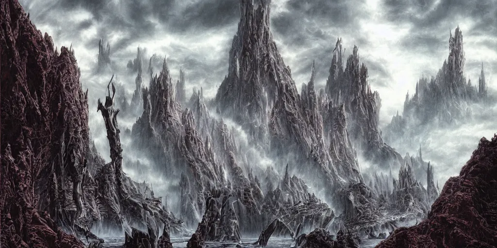 Image similar to ultra realistic illustration, epic high fantasy landscape. elric of melnibone graphic art print by michael whalen