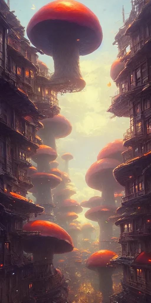 Prompt: a city built on a giant mushroom, unreal engine, fantasy art by greg rutkowski, loish, rhads, ferdinand knab, makoto shinkai and lois van baarle, ilya kuvshinov, rossdraws, tom bagshaw, global illumination, soft light, detailed and intricate environment