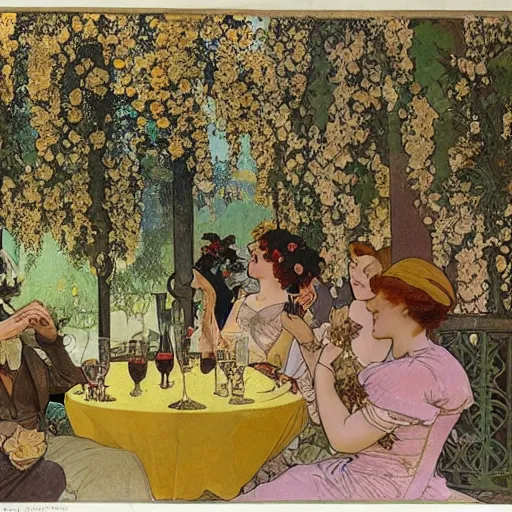 Prompt: happy people drink wine outside a a parisian cafe. there are bubbles in the air and a golden laburnum tree in bloom is in the foreground and it is a sunny afternoon, painted by mucha