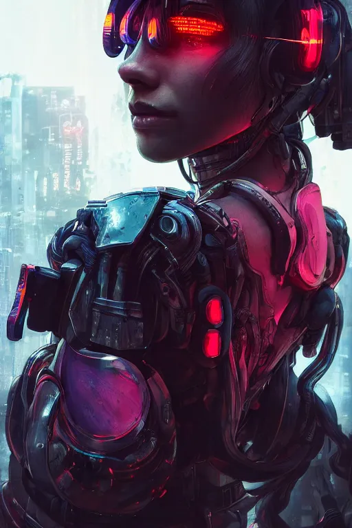 Image similar to beautiful portrait of a cyborg mercenary girl, art by wlop, liam wong, cyberpunk, neon, combat armor, head and shoulders, intricate details, trending on artstation, sharp focus, caustics, octane render, radiant light, 4 k