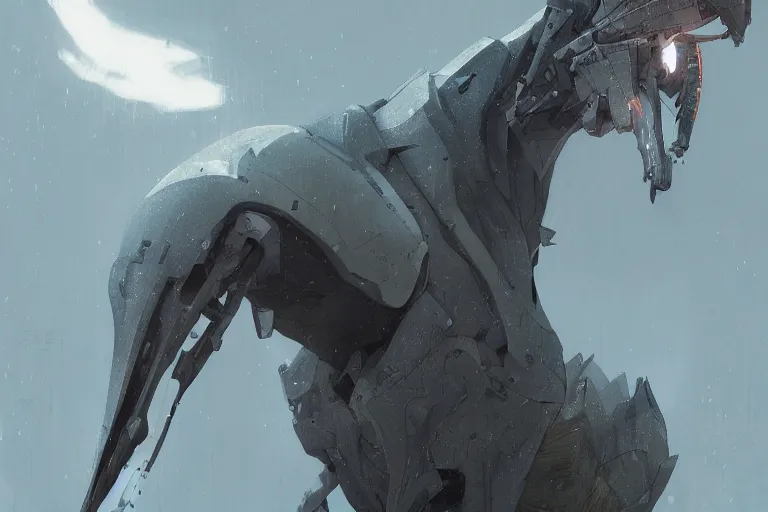 Prompt: cyborg horse merged with shoebill, digital art made by makoto shinkai, lois van baarle, greg rutkowski and jakub rebelka, highly detailed, symmetrical, extremely coherent, smooth, shaped focus, dystopian gray forest background, skull