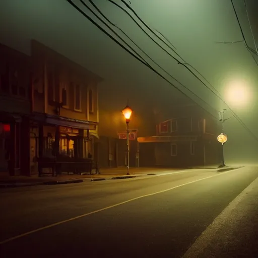 Image similar to A stunningly beautiful award-winning 8K high angle cinematic movie photograph looking down diagonally across a spooky foggy empty lightless moonlit main street intersection in an abandoned 1950s small town at night. perfect composition, shot from roofline, moody low key backlit. Color palette from Seven, greens yellows and reds. 2 point perspective. Octane render