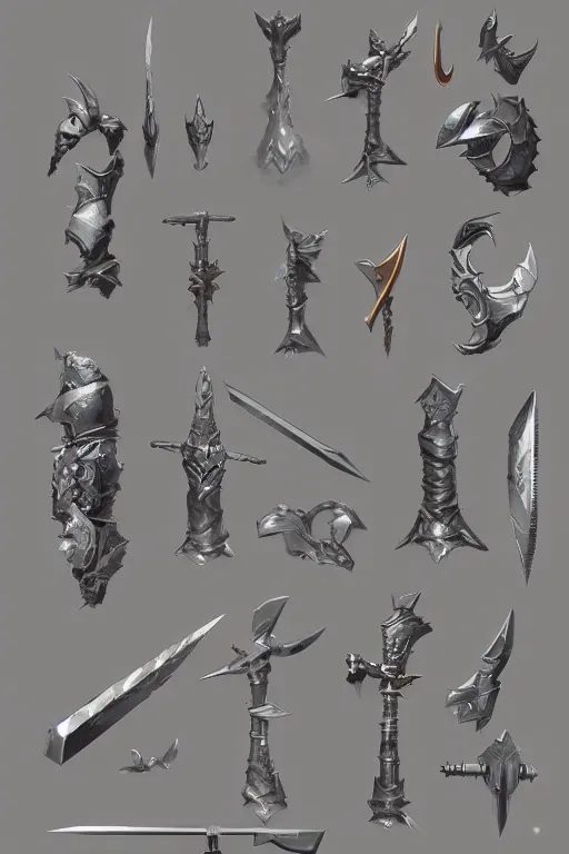 Prompt: item concept art on grey background of metallic shadow axe sword and armor by artgerm and Craig Mullins, James Jean, Andrey Ryabovichev, Mark Simonetti and Peter Morbacher 16k