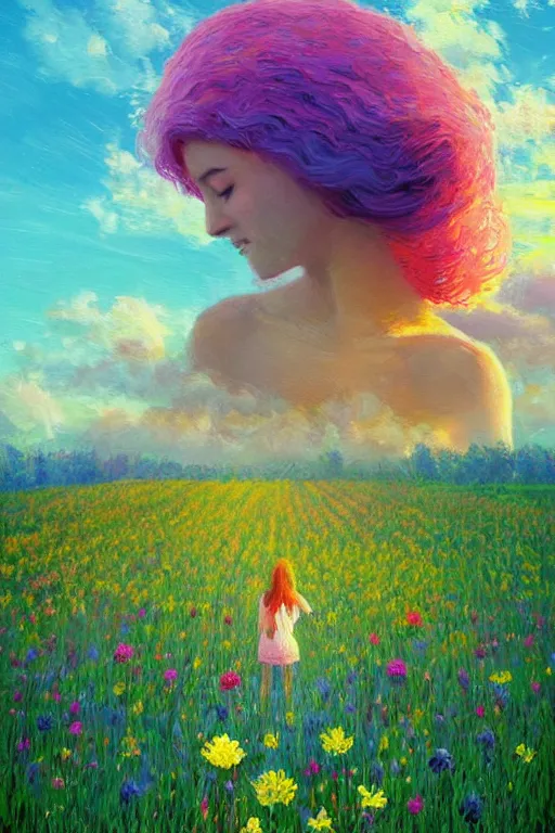 Prompt: flower growing out of girl head, standing in a flower field, big trees, sunrise dramatic light, impressionist painting, colorful clouds, digital painting, pointillism, artstation, simon stalenhag