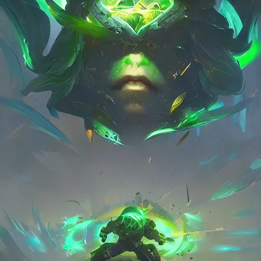 Image similar to arcane style green leaves explosion, green leaves, bright art masterpiece artstation. 8k, sharp high quality artwork in style of Jose Daniel Cabrera Pena and Greg Rutkowski, concept art by Tooth Wu, blizzard warcraft artwork, hearthstone card game artwork, leaves exploding, leaves explosion