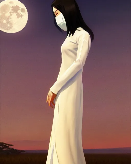 Image similar to asian female, white cloth mask wearing traditional ao dai, full moon on the sky, a ultra detailed beautiful panting by ilya kuvshinov, greg rutkowski and makoto shinkai, trending on artstation