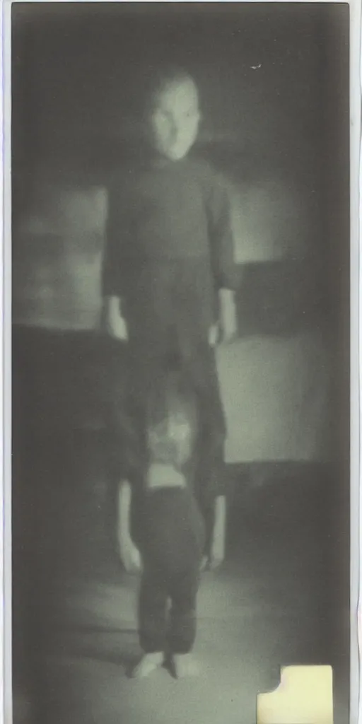 Image similar to found polaroid photo of a young boy with a horrifying figure looming behind him in a musty basement, detailed real photo