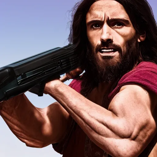 Prompt: Jesus Christ as Rambo holding a large gun with one hand, full body, photography, 4K