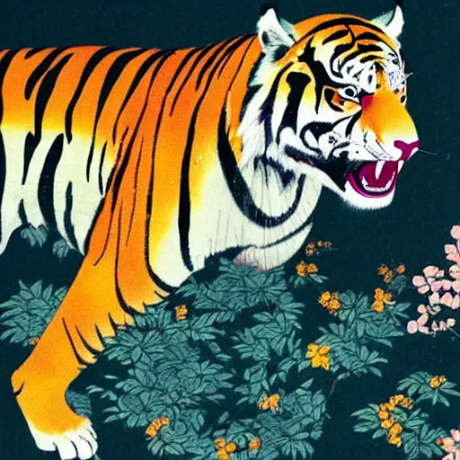 Prompt: a delorean protecting a tiger, japanese magazine collage, art by hsiao - ron cheng and utagawa kunisada