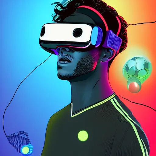 Image similar to portrait of a futurist soccer player with vr headset, cyberpunk, electronic, colored, beautiful, science fiction, devient art