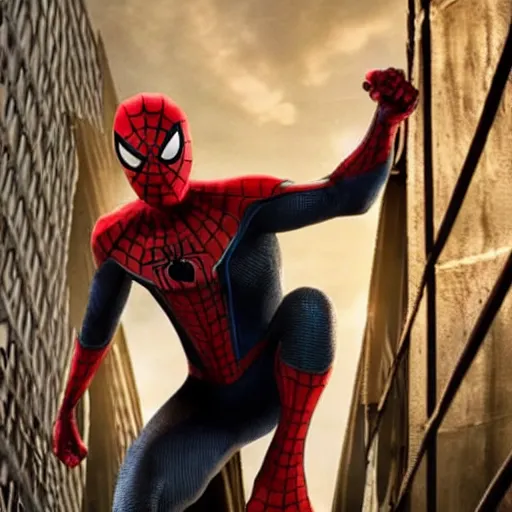 Image similar to promotional photo from new mcu spiderman movie featuring a black symbiote spiderman suit worn by tom holland