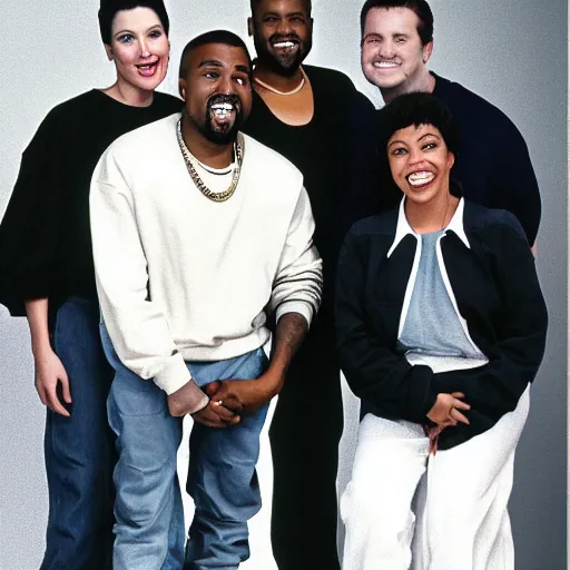 Image similar to Kanye West smiling and giving a thumbs up for a 1990s sitcom tv show, Studio Photograph, portrait C 12.0