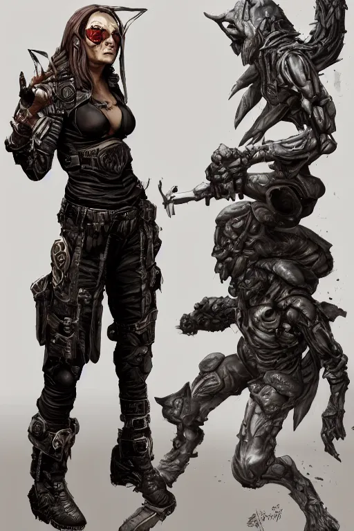 Image similar to gina carano as a shadowrun ork with prothesis metallic left arm, tusk, casual black clothing, muscular, realistic proportions, casual pose, large portrait, sci - fi, rpg character, digital painting, artstation, concept art, smooth, 8 k frostbite 3 engine, ultra detailed, art by artgerm and greg rutkowski and magali villeneuve