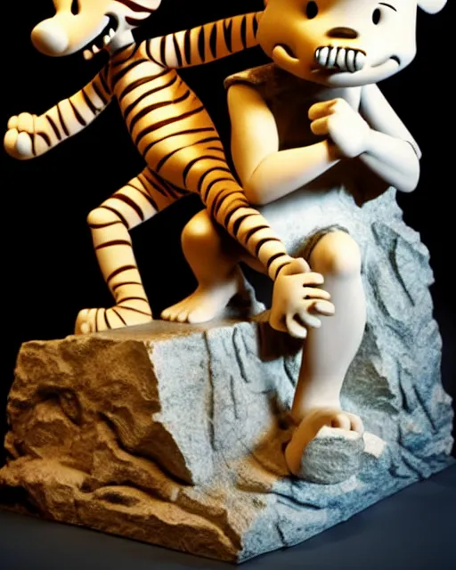 Prompt: A greek sculpture of calvin and hobbes by Bill Watterson, extremely detailed, natural lighting, volumetric