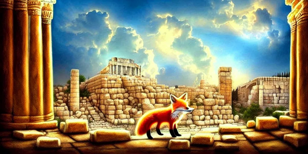 Image similar to illusion painting hidden image : an adorable small fox in the huge ruins of the second temple in jerusalem. the dreamy clouds above are shaped like the new temple. a hooded bearded old man in a brown tunic laughing, colorful 8 k, art station, intricate superb details, digital art, illusion painting hidden image.