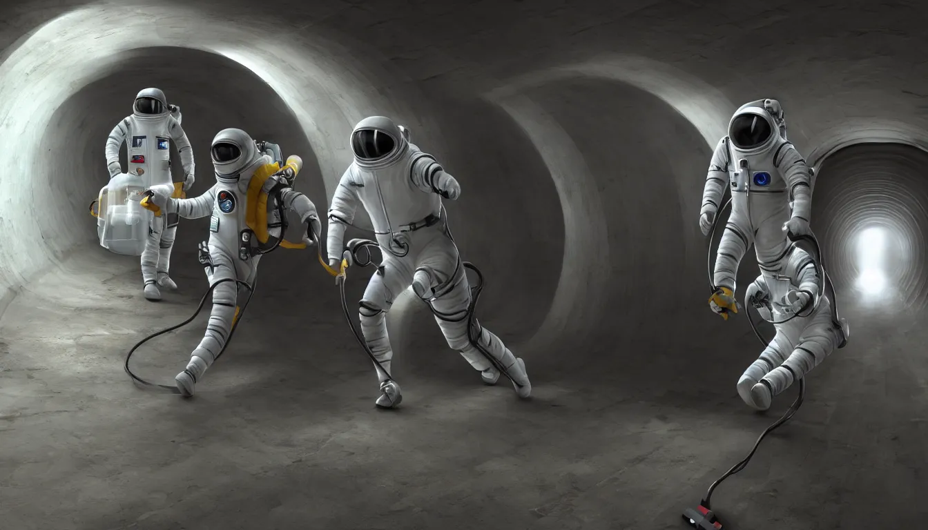 Image similar to Vacuuming through the tunnel in space suit. Hyperrealistic. High definition. Trending on artstation. Unsettling and macabre