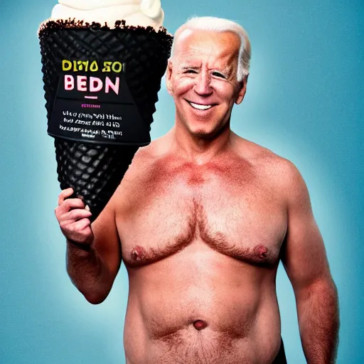 Image similar to obese Joe Biden in a Speedo, holding a gigantic ice cream cone, award winning photo, trending on artstation, 8k