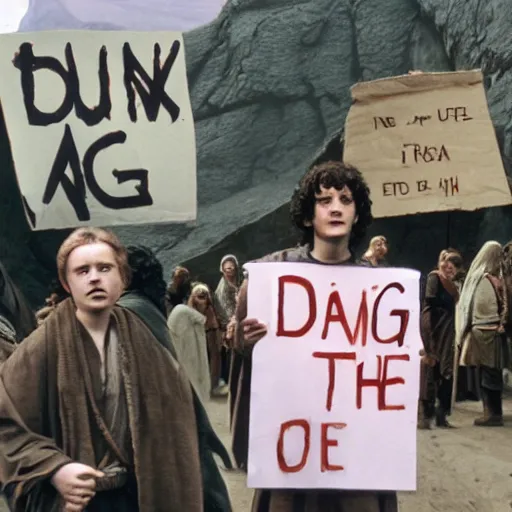 Image similar to Frodo protesting in front of Mordor