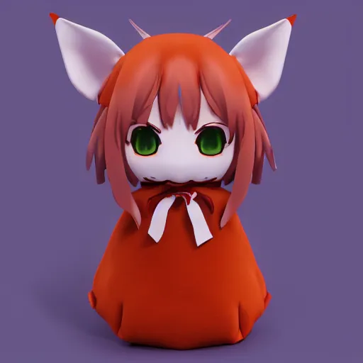 Image similar to cute fumo plush of a foxgirl rpg item shop owner, three point lighting, dramatic, anime, grumpy, vray