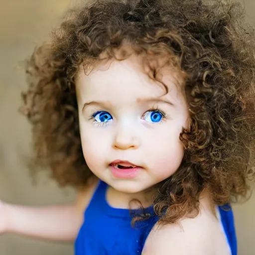 Prompt: a photograph of a cute one year old girl with wavy curly light brown hair and blue eyes.
