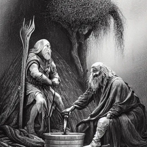 Image similar to the evil ian mckellen smithing on an anvil as gandalf in a dark viking hood playing odin all father crafting the plant of life with vines on an anvil, highly detailed, cinematic shot, cinematic lighting, 8 k, exquisit facial detail, colored painting by gustave dore and artemisia gentileschi, chiaroscuro, dark painting.