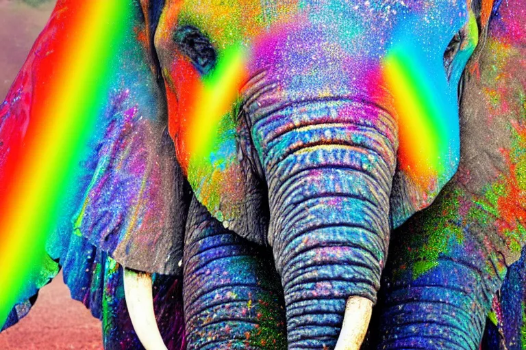 Image similar to an photorealistic picture of an elephant that farts glitter in the colors of the rainbow