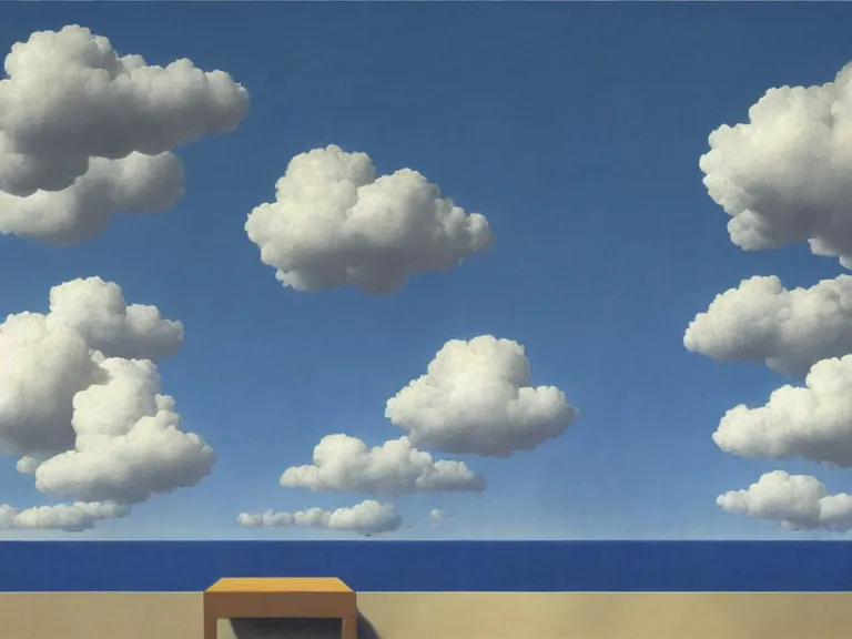 Image similar to room with clouds wallpapers on the walls, painting by rene magritte, centered, high detail, high resolution