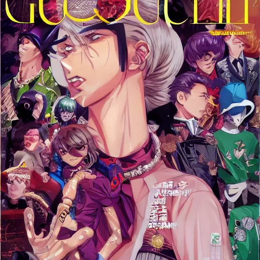 Image similar to Magazine Cover Anime key visual of a Gucci girl; official media; typography; drawn by Hirohiko Araki; Jojo's Bizarre Adventure; Jojolion, portrait, made by Stanley Artgerm Lau, WLOP, Rossdraws, James Jean, Andrei Riabovitchev, Marc Simonetti, Yoshitaka Amano, ArtStation