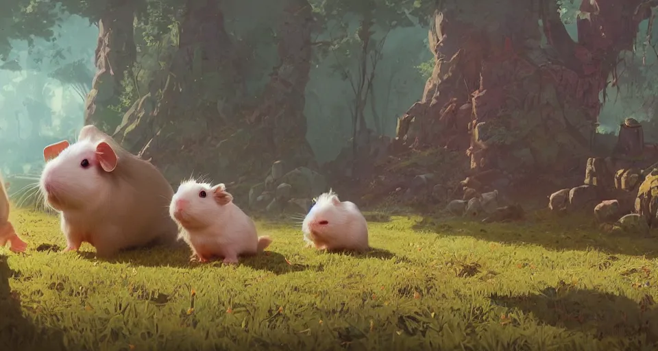 Image similar to a realistic cute guineapigs everywhere, by simon stalenhag, frank frazetta, greg rutkowski, beeple, yoko taro, christian macnevin, beeple, epic fantasy character art, volumetric outdoor lighting, midday, high fantasy, cgsociety, cheerful colours, full length, exquisite detail, post - processing, masterpiece, cinematic