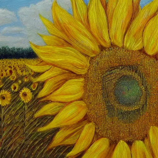 Image similar to a girl slowly walking through amazing tall sunflower field, her hair flowing down, subtle, intricate details, real masterpiece, oil on canvas, by somsak anong