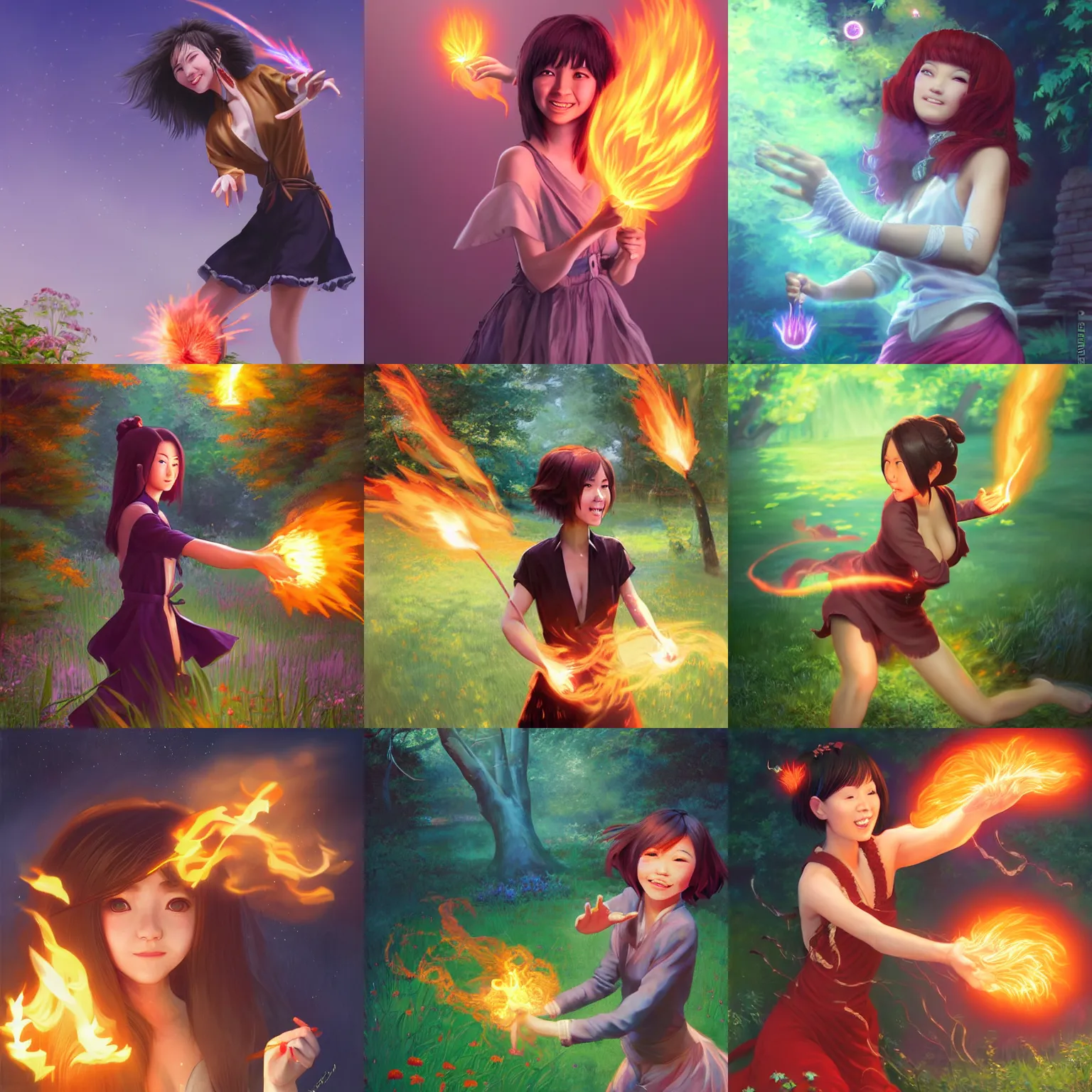 Prompt: female portrait, smiling hapa sorceress chasing will-o-wisps casting a fireball in a garden, by Ilya Kuvshinov