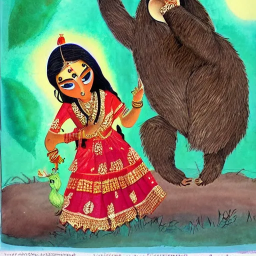 Image similar to beautiful indian woman and cute sloth investigate crime together, illustrated, children's book, high detail cartoon, colourful, watercolour