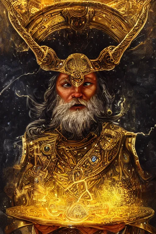 Image similar to mythological odin all father god of thunder and artificial intelligence creating himself with an artificial neural network with gold synapses on an anvil, high resolution, award winning art, trending on art station, sharp image, incredibly detailed, detailed character realistic painting