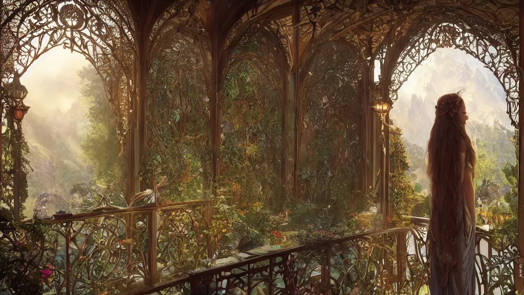 Prompt: a beautiful painting of a beautiful elven girl looking out from her balcony at art nouveau swiss chalet elven rivendell at sunrise, intricate, elegant, highly detailed, digital painting, artstation, concept art, by krenz cushart and artem demura and alphonse mucha