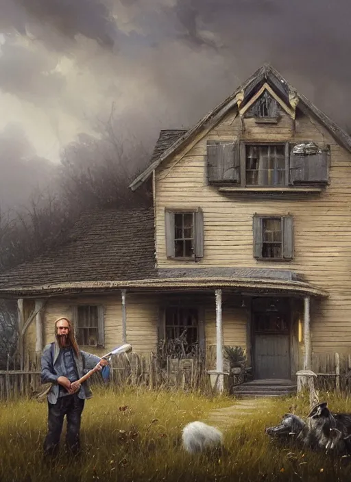 Image similar to highly detailed hyperrealistic painting of a blonde long - haired hillbilly in front of old style house, with his fluffy black and gray australian shepherd, stephen bliss, art by greg rutkowski, loish, rhads, ferdinand knab, makoto shinkai and lois van baarle, tom bagshaw, global illumination, artstation