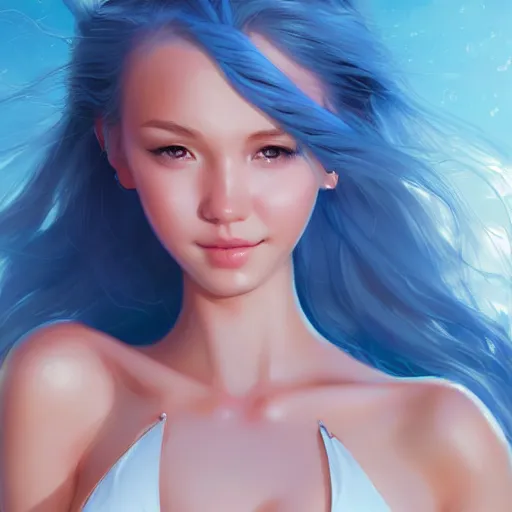 Prompt: illustration of a cute girl, wearing a white bikini, azure blue braided hair, by Stanley Artgerm Lau, WLOP, Rossdraws, James Jean, Andrei Riabovitchev, Marc Simonetti, and Sakimichan, trending on artstation