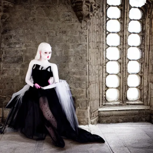 Prompt: a photoshoot portrait of pale goth beauty, inside gothic castle!