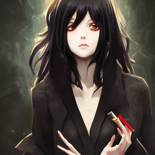 Image similar to An anime portrait of a dark haired goth smoking a djarum, by Stanley Artgerm Lau, WLOP, Rossdraws, James Jean, Andrei Riabovitchev, Marc Simonetti, and Sakimichan, tranding on artstation