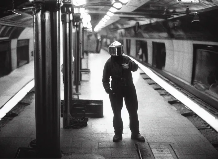 Image similar to welder in welding mask in a subway, by richard avedon, tri - x pan stock