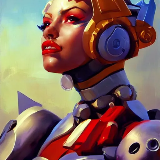 Image similar to greg manchess portrait painting of harley queen as cyber overwatch character, medium shot, asymmetrical, profile picture, organic painting, sunny day, matte painting, bold shapes, hard edges, street art, trending on artstation, by huang guangjian and gil elvgren and sachin teng