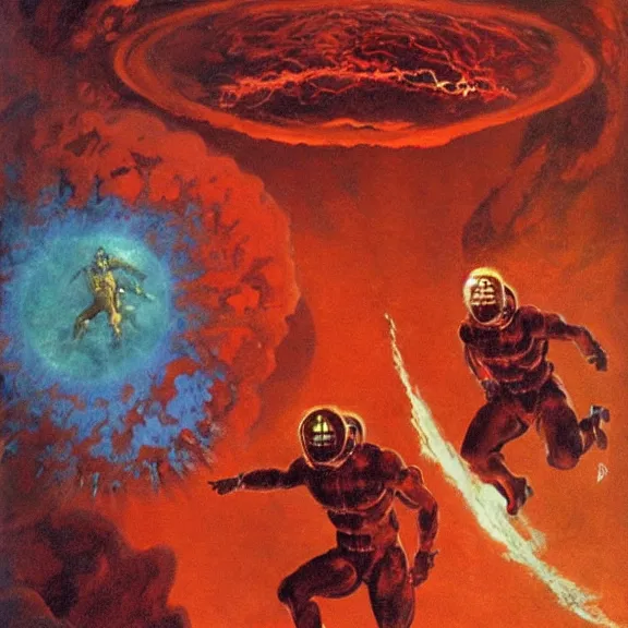 Prompt: two scientists wearing red hazmat suits exiting lsd nebula portal by frank frazetta
