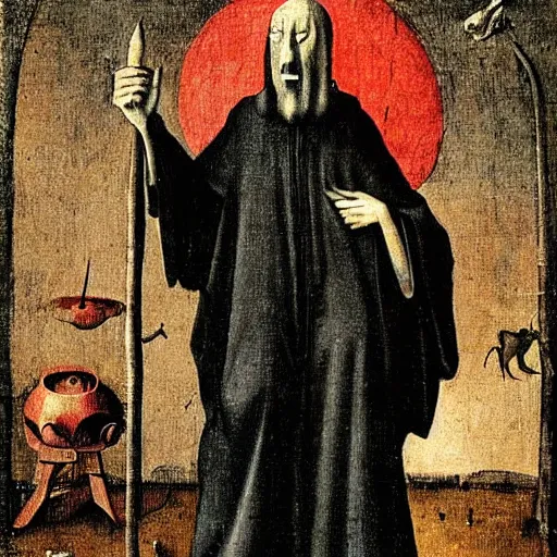 Image similar to portrait of an old frail ominous wise wizard man wearing an ancient robe, surrounded by frail red demons art by hieronymus bosch