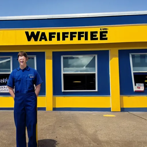 Image similar to wafflehouse employee's standing below wafflehouse sign, employees uniform is blue and black with yellow name tags