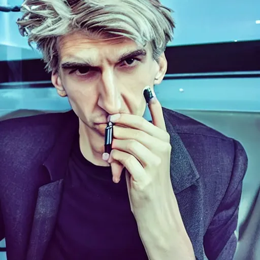 Image similar to a closeup photo of really handsome xqc smoking,